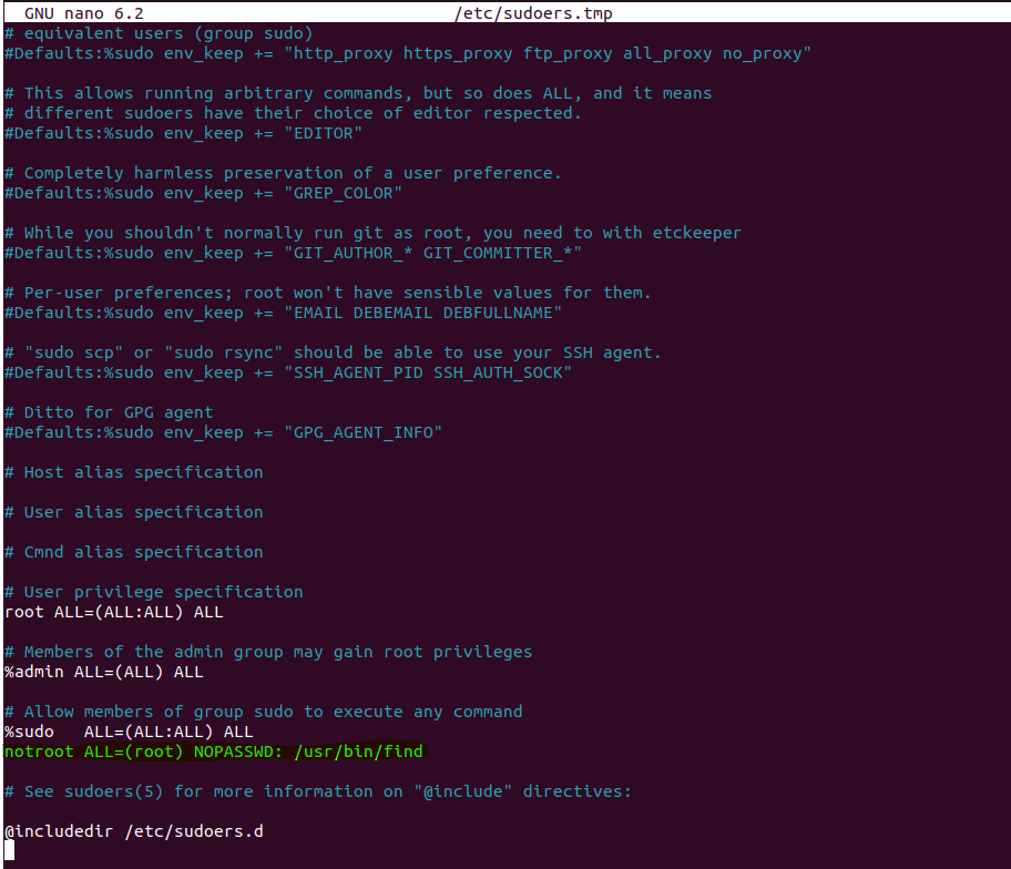 Add 'notroot' user to sudoers for find command